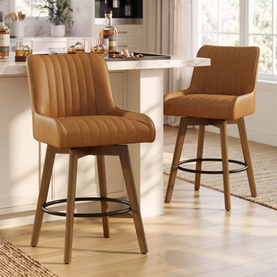 26" Extra-Wide 360° Swivel Bar Stool With Pocket Spring Seat & Solid Wood Base