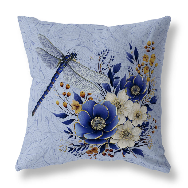 Coussin Dragonfly Haven, H 16 po x l 16 po, Bleu / jaune / crème