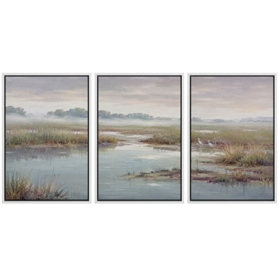 Paysage de marais côtier brumeux avec aigrettes blanches, tableau pour salon, impression giclée sur toile encadrée en 3 parties - 61 x 91 cm x 3 pièces