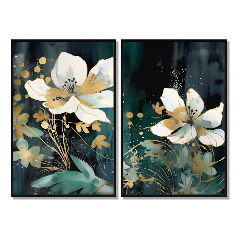 Plantes blanches bleu sarcelle dans le chaos IV - art mural sur toile blanc 2 panneaux, H 36 po x l 48 po, Noir