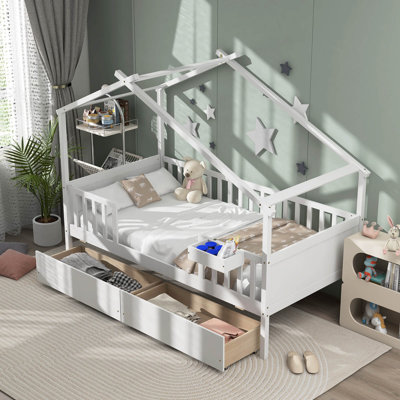 Lit simple avec 2 tiroirs de rangement, toit et clôture, tête et pied de lit