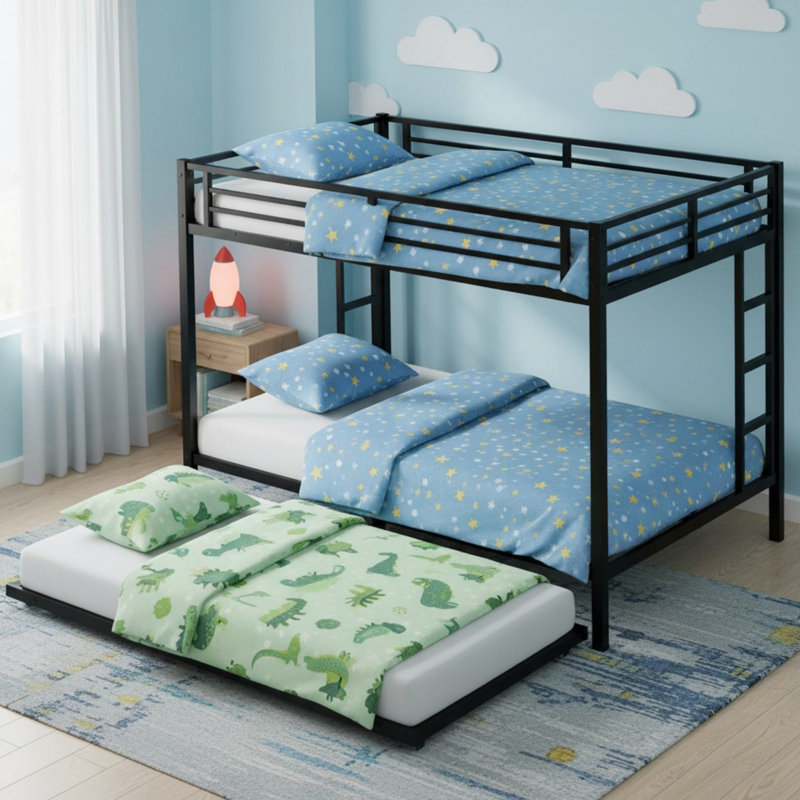 Queen Over Queen Metal Bunk Bed with Twin Size Trundle for Bedroom, Queen Over Queen