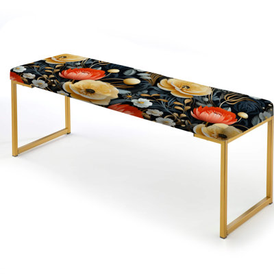 Contemporary Poppy Essence Fusion Floral Field - Floral Upholstered Gold Bench