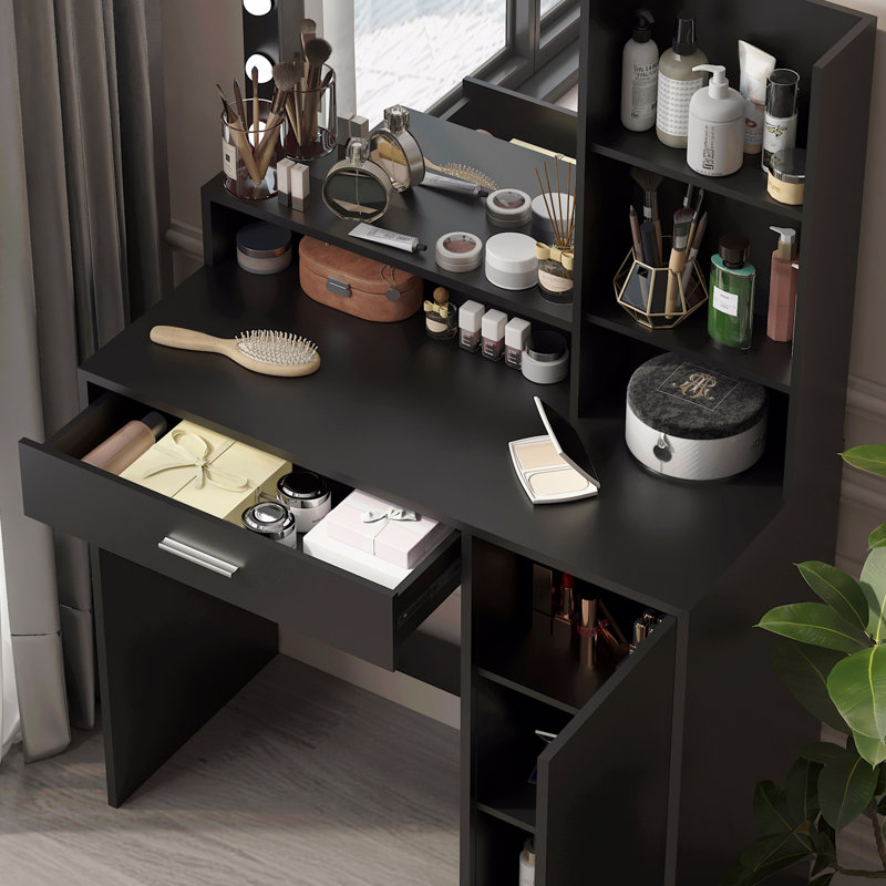 Bureau de coiffeuse avec miroir et lumière, commode de rangement à trois niveaux avec grand tiroir, 3 modes d'éclairage à luminosité réglable, coiffeuse de chambre à coucher (noir)