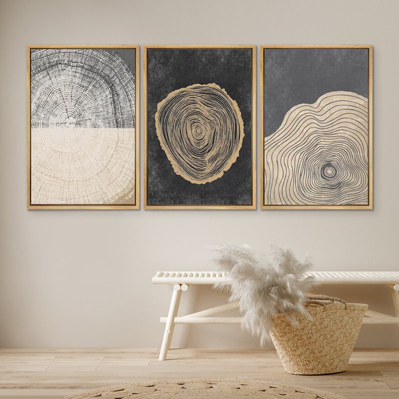 Anneaux d'arbre en bois gris foncé, illustrations abstraites, images neutres minimalistes modernes, impression numérique sur toile, impression numérique sur toile encadrée