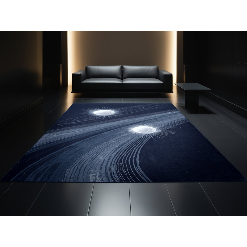 Tapis bleu et bleu marine délavé à la machine Cumberland, 5 x 8
