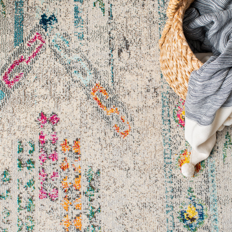 Tapis gris / bleu Felty Ikat, Carré 5 pi