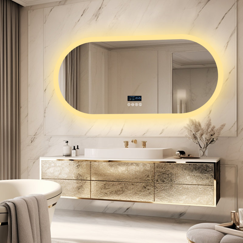 Oval Bathroom Mirror With Led Lights And Built-in Bluetooth Speaker, Time Temperature Display Unit - Smart Lighted Vanity Makeup Wall Mounted Mirrors - 3 Lights Setting Anti-fog Dimmable Ip56