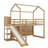 Twin Size House Loft Bed With Slide,Storage Shelves And Light, Wood Bed Frame With Guardrail And Ladder, Climbing Ramp-2097751257