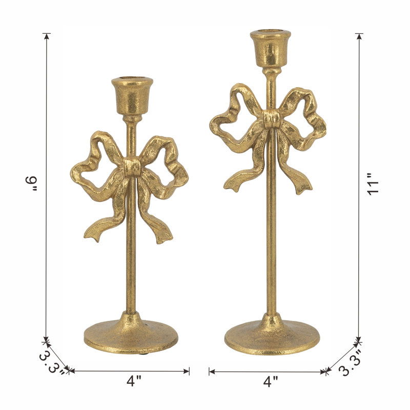 Gold Cast Iron Candle Holders with Decorative Bow Accent, Vintage European Taper Candle Holders for Dining Table, Mantel & Home Décor