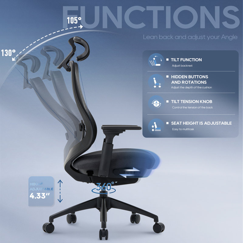 Chaise de bureau ergonomique avec appui-tête réglable, soutien lombaire et accoudoirs 4D, Noir, noir, noir, noir