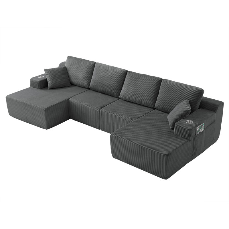Canapé modulaire en forme de U de 130 po avec méridienne modulaire en velours côtelé modulaire pour le salon, Tissu gris