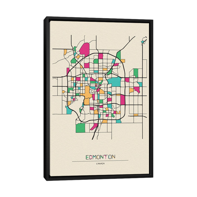 Edmonton, Canada Map by Ayse Deniz Akerman - Floater Frame Print on Canvas, 66.04 cm H x 45.72 cm W, White Floater Framed