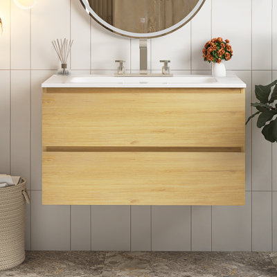 36" Wall Mounted Bathroom Vanity With Ceramic Sink With Three Faucet Holes