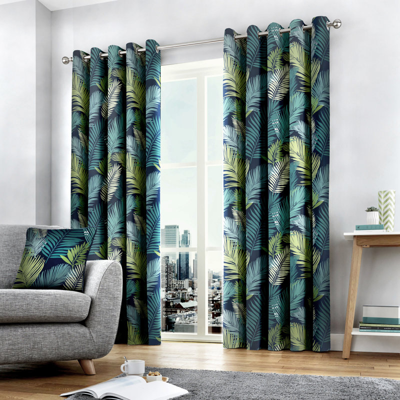 Tropical Cotton Room Darkening Curtain Pair, Width 168cm x Drop 183cm, Blue