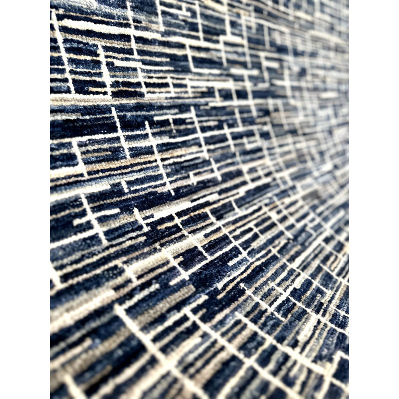 Proprietary Patterns Wool Abstract Area Rug in Bleeker Dark Blue, Rectangle  6' x 9'