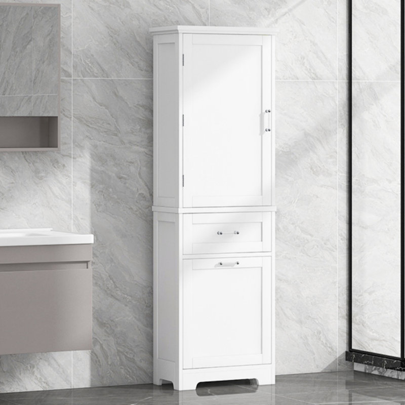 Grande armoire de rangement pour salle de bain, armoire de rangement autoportante avec deux tiroirs de tailles différentes et tablette réglable, panneau de fibres à densité moyenne avec finition peinte