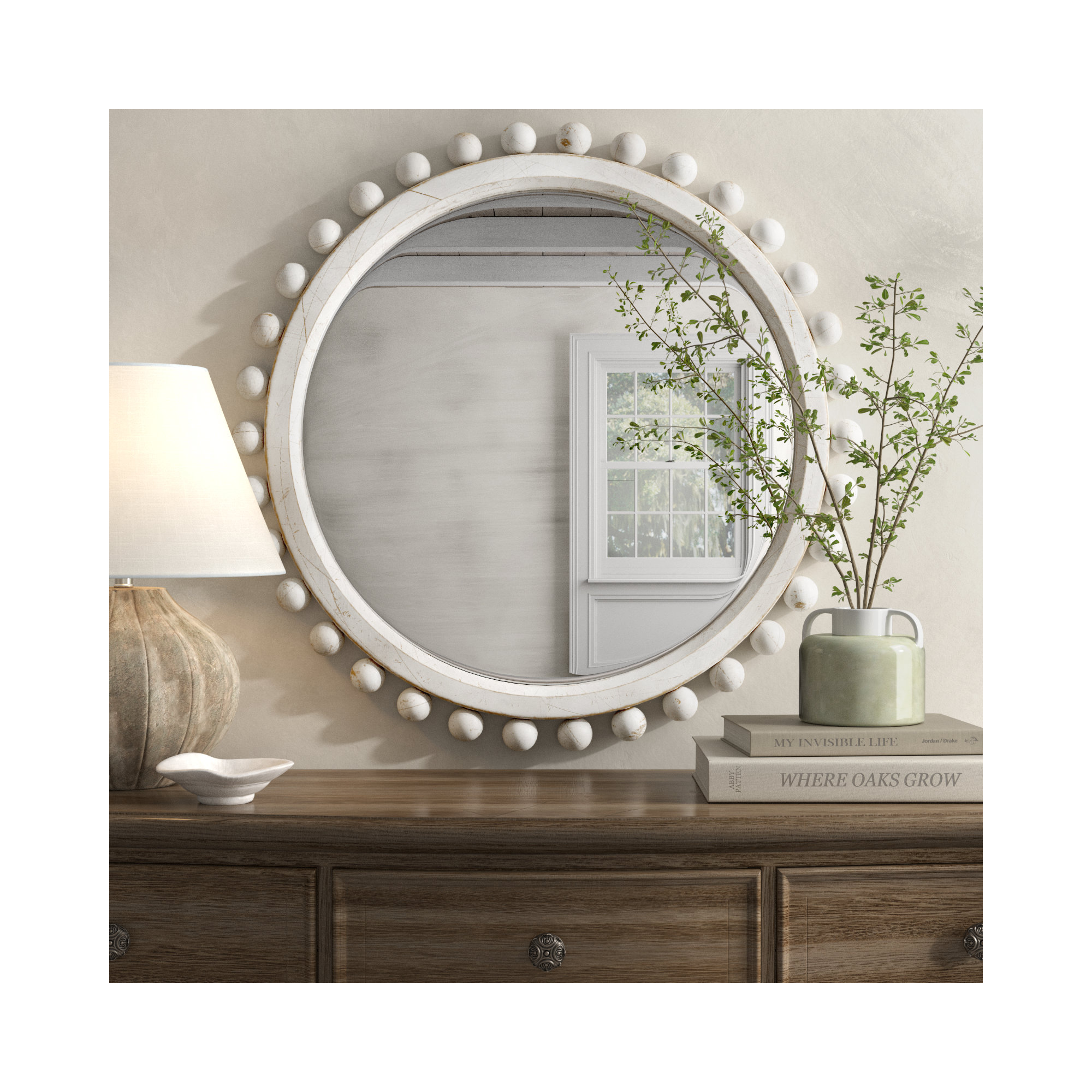 Augustine Wood Round Wall Mirror, White Washed Wood