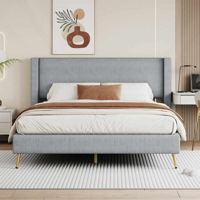 Grand lit plateforme tapissier Daventry, Gris 1