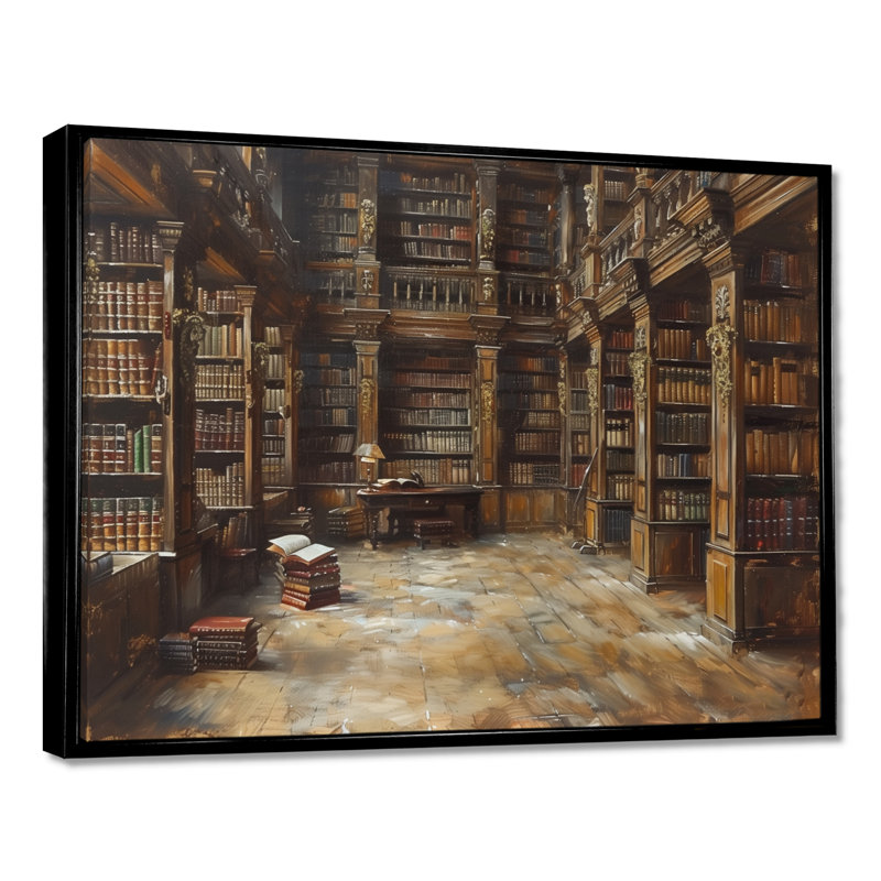 Impression d'art mural brun et beige rétro - Bibliothèque II, Toile tendue, H 12 po x l 20 po