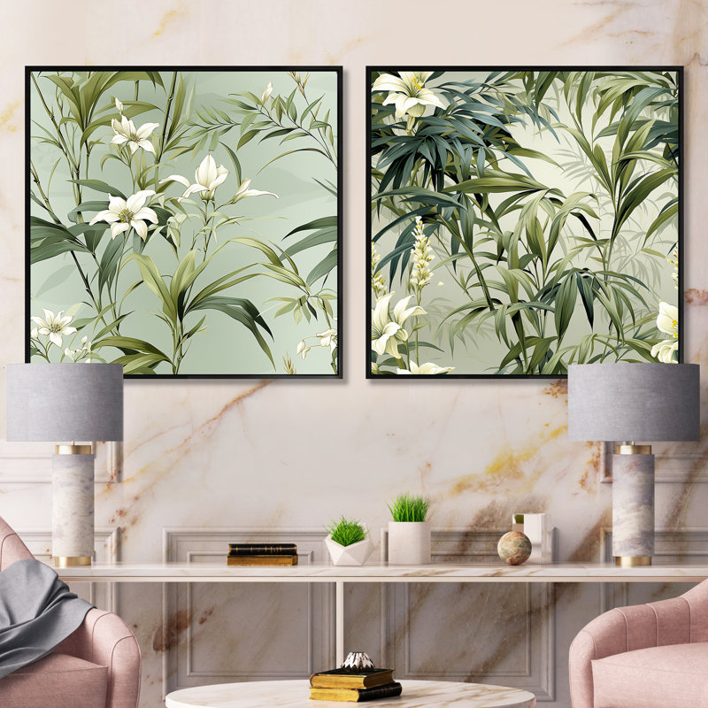 Chyles - Ensemble de 2 collages carrés tropicaux, Cadre flottant noir, H 16 po x l 33 po