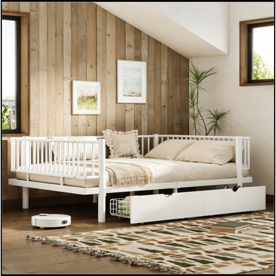 Full Size Platform Bed with Storage Drawers, Metal Daybed Frame with Upgraded Safety Round-Pipe Design, Low Profile Design, White