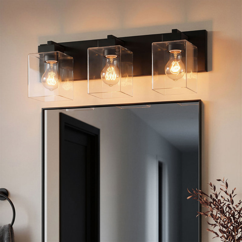 3-Light Matte Black Wall Sconce, Square Clear Glass Shades, E26 Base, Vanity Light for Bathroom