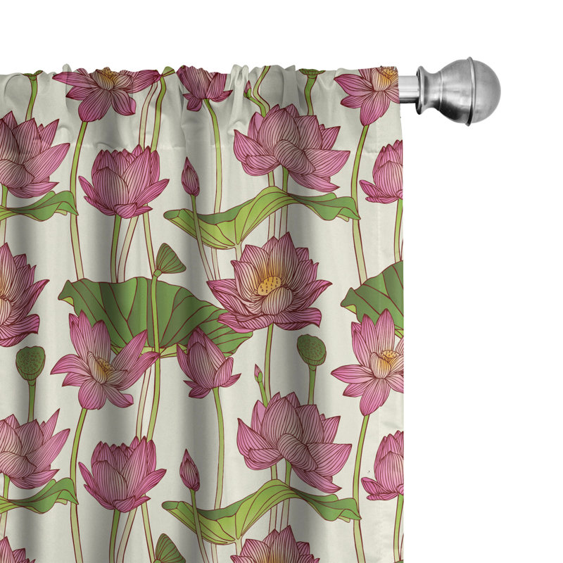 Rideaux 4 panneaux East Urban Home Lotus, fleurs roses, ivoire rose et vert, L 56 po x L 95 po
