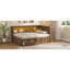 Lit de jour en bois pleine grandeur avec tablettes de rangement, USB, DEL et 2 tiroirs, couleur bois antique-317682656