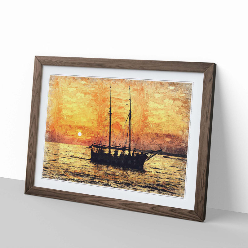 Ship at Sunset in Abstract - Picture Frame Painting Print, Walnut, 35cm H x 50cm W x 2cm D