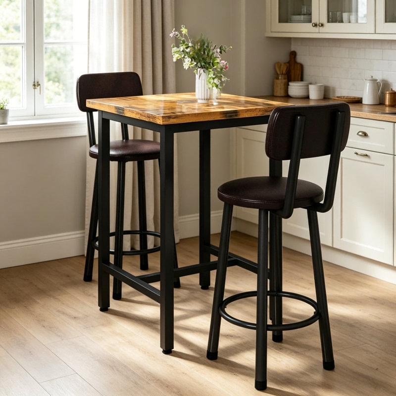Industrial High Top Dining Set, Compact 3-Piece Pub Table With 2 Comfortable Stools, Marble & Rustic Wood Options For Studio & Cafe