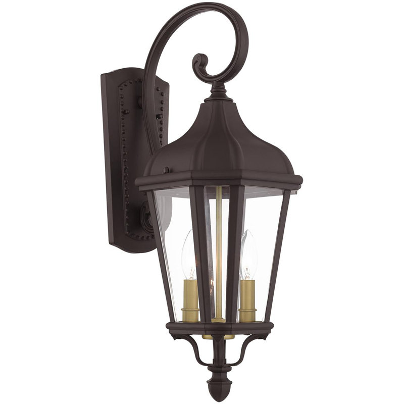 9 Inch 2 Light Outdoor Wall Lantern with Clear Glass Shade, Bronze/Satin Brass