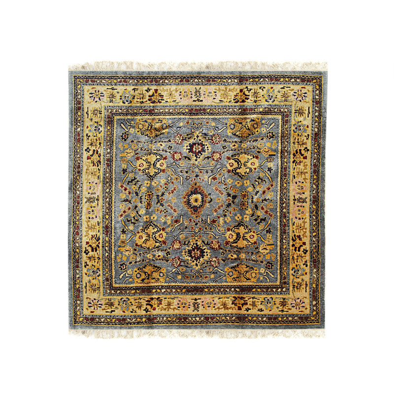 Tapis bleu noué à la main, Carré 9 pi x 9 pi