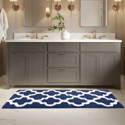 Plymouth Home - Bathroom Rug - 24 x 60 Inch Long Non Slip Bath Mat with Trellis Pattern - Extra Soft Absorbent Cotton Bath Mat - Machine Washable Bathroom Rugs Runner for Shower, Tub, or Vanity