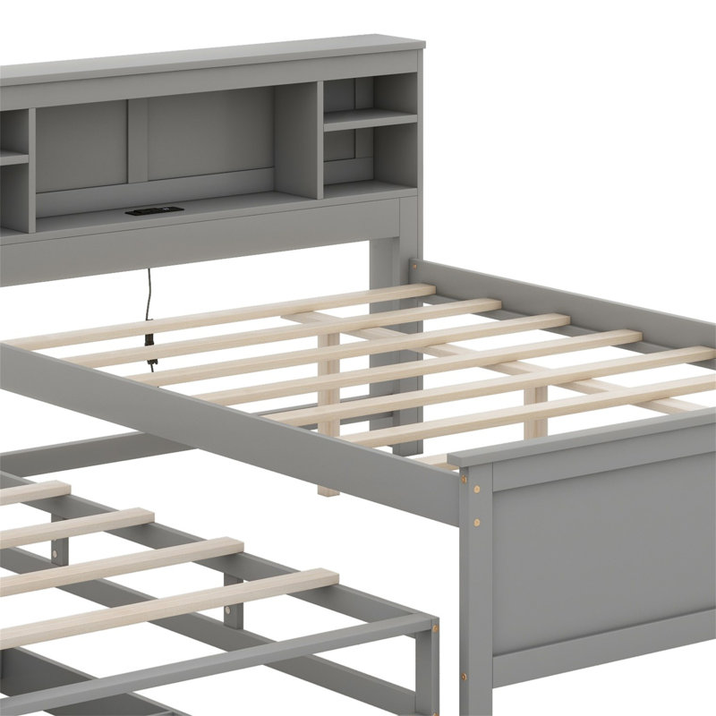 Lit plateforme avec tête de lit, USB, lit gigogne et 3 tiroirs, Gris