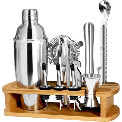 17-Piece Stainless Steel Cocktail Shaker Set with Wooden Stand – Professional Bartender Kit
