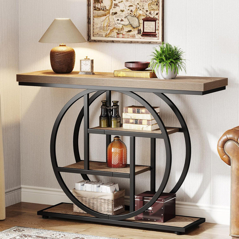Industrial Brown Wood and Metal 4-Tier Console Table with Circle Base