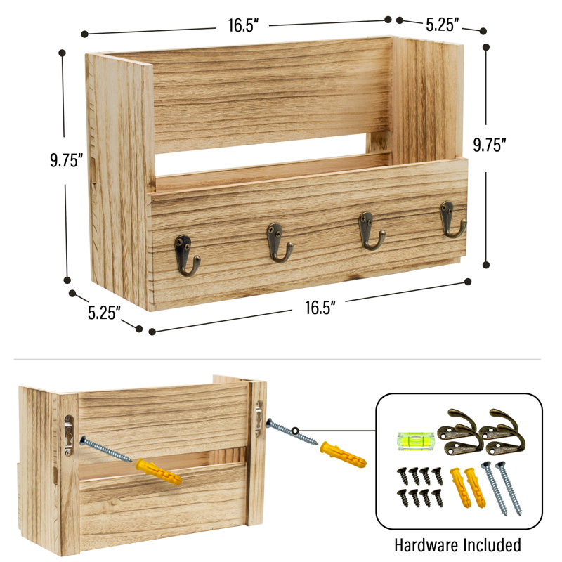 Sorbus Key Holder With Shelf For Mail, Rustic Wooden Key Rack, Mail Holder For Wall, Entryway Key Hangers, Decorative Necessities (Maple)