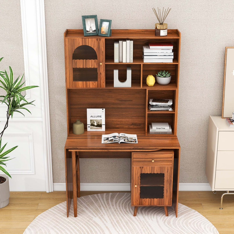 Bureau d'ordinateur avec tiroir de rangement, armoires et tablettes, Noyer