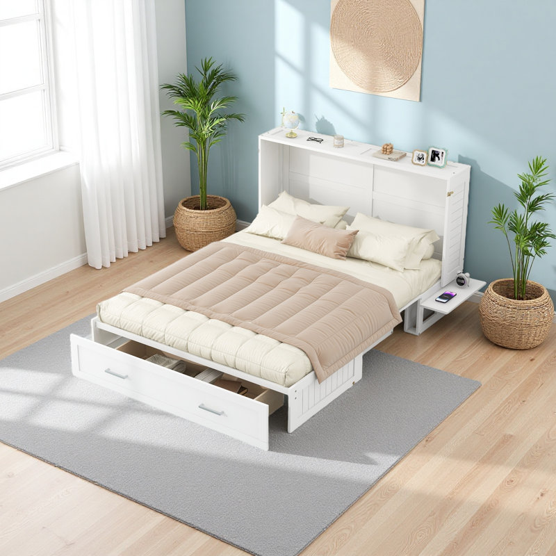 Grand lit escamotable mobile avec tiroir et petites tablettes de chaque côté