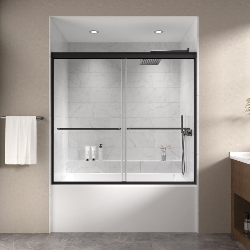 Semi-Frameless Bathtub Shower Door, 60" W x 58" HDouble Sliding Tub Door with 1/4" (6mm) Clear SGCC Tempered Glass, Matte Black  Finish Shower Doors, Reversible Installation