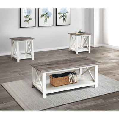 Table basse rectangulaire blanche et brun 3 et tables de bout carrées 3 - Mobilier de salon moderne