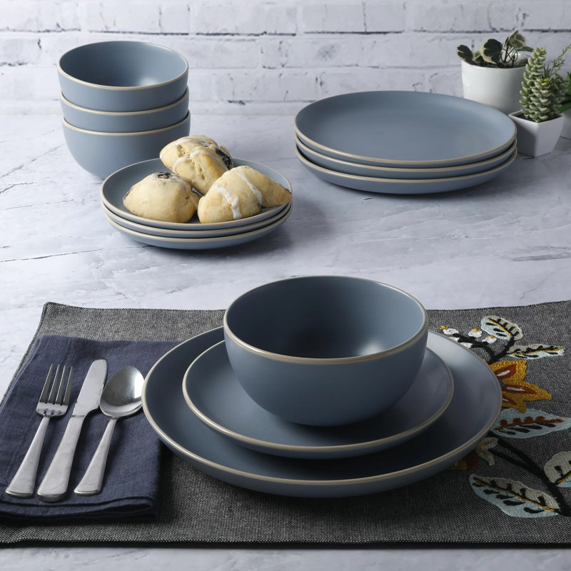 Ebern Designs Ortencia Matte 12 Piece Stoneware Dinnerware Set in Blue