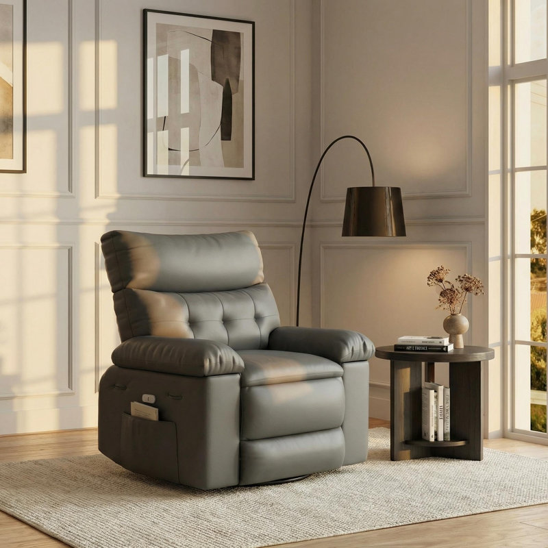 Oversized PU Leather Recliner Chair, Manual 3-Position Lazy Sofa with Swivel Base, Overstuffed Arms and Side Storage Pocket