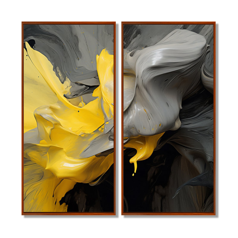 Raw Reflections Yellow Gray - Art abstrait encadré, panneau mural abstrait jaune 2 panneaux, Reproduction avec cadre flottant