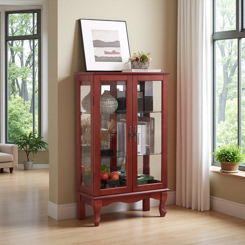 Elegant 2-Door Curio Cabinet With Tempered Glass Doors, Mirrored Back Panel, And Adjustable Shelves - Lighted Display Cabinet For Home And Office