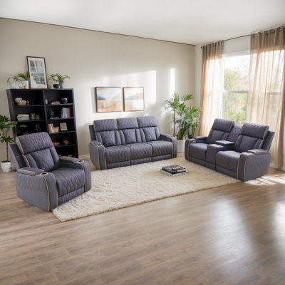 Kruze Top Grade Breathing Leather 3-Piece Living Room Power Recliner Sofa Set