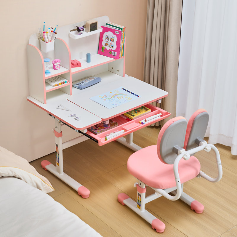 Chaise et bureau d'étude pour enfants avec bibliothèque et tiroir réglables en hauteur , Rose