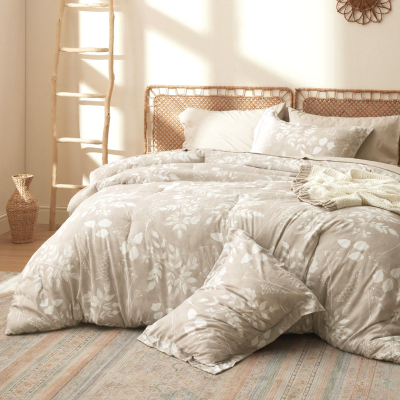 Bedsure Bed in a Bag - Reversible Flroal & Plant Pattern Printed with Comforters, Sheets, Pillowcases & Shams, 89GSM, Beige