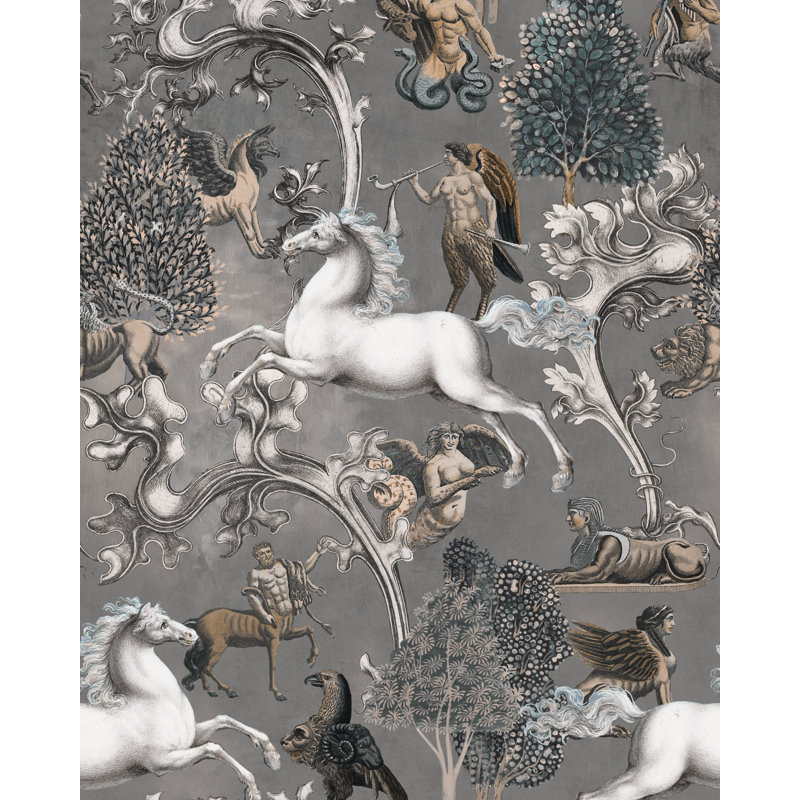 The Transylvanian Manor Toile Wallpaper Roll, Gray/White/Blue/Brown